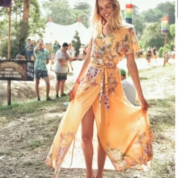 Spell and the Gypsy Blue Skies Yellow Maxi Wrap Dress Size M NWT - Picture 1 of 16